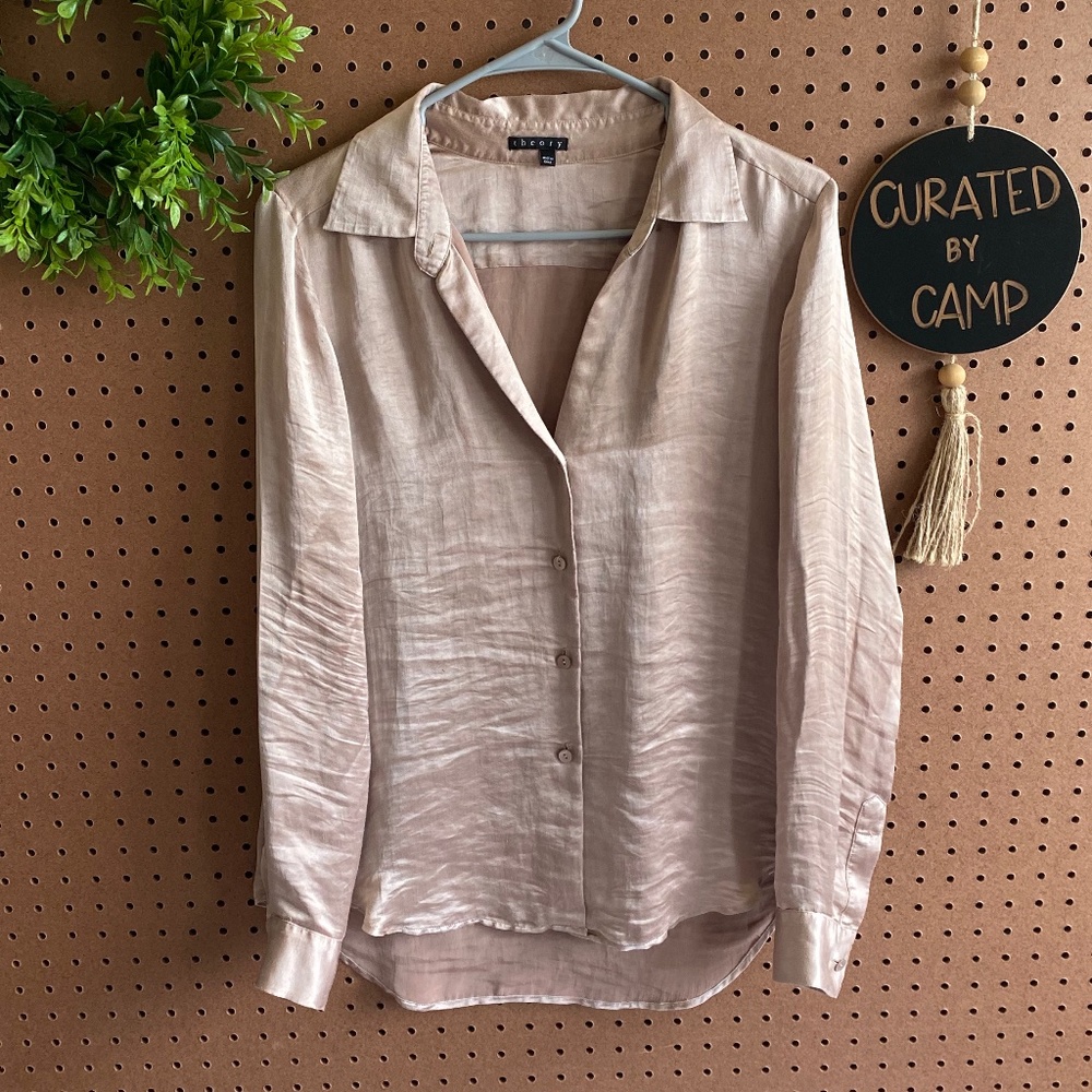 Theory Satin Tan Button Down Blouse Size Medium